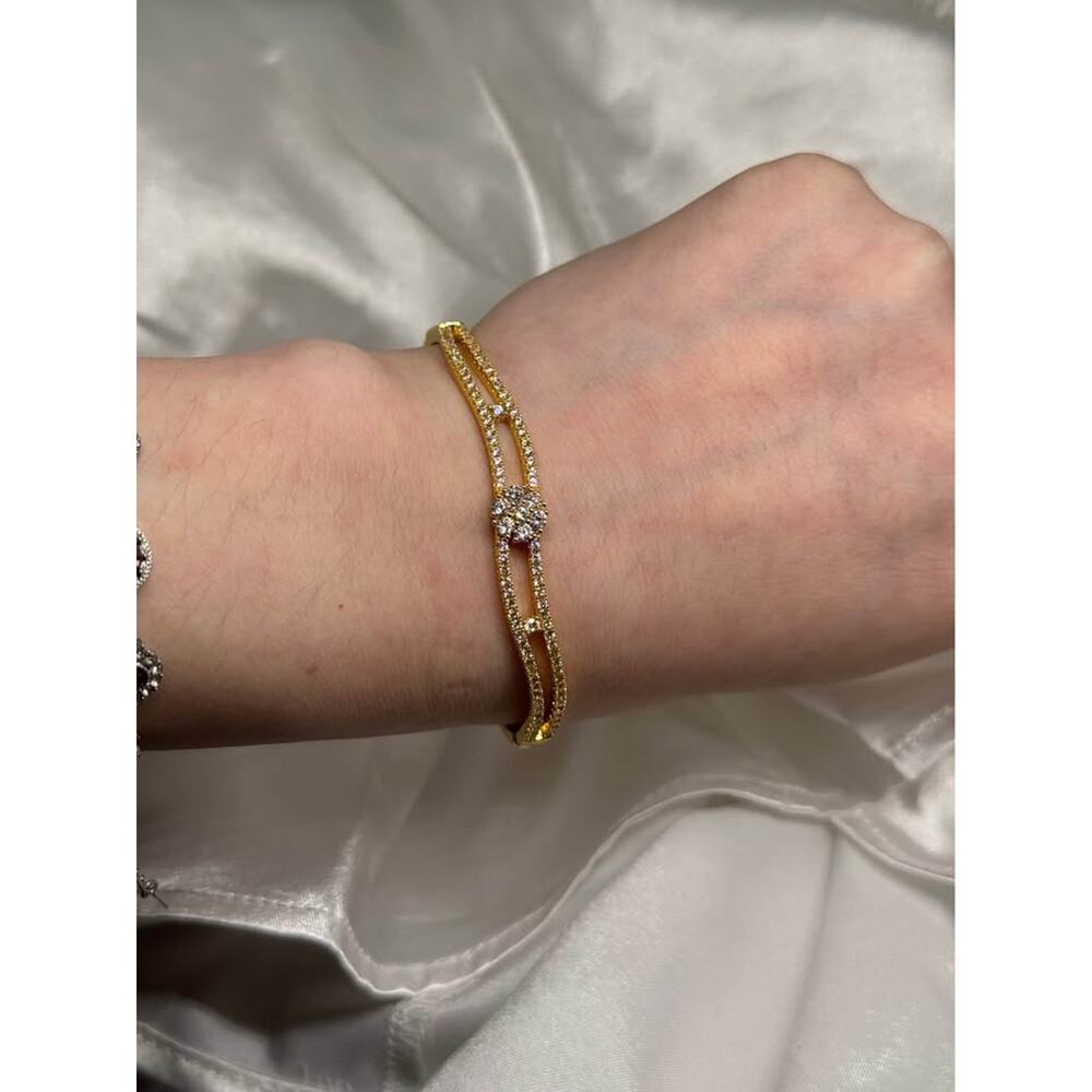 18K Gold Plated CZ Double Band Bangle Bracelet - Picture 4 of 4
